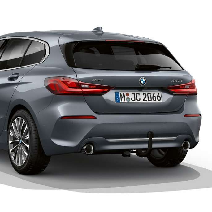BMW 1 Series Model Luxury Line, three-quarter rear. BMW 1 Series Model Luxury Line in Storm Bay metallic, studio shot three-quarter rear.