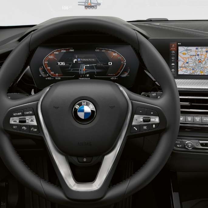 Sport leather steering wheel. BMW 1 Series Model Luxury Line, cockpit with Sport leather steering wheel.