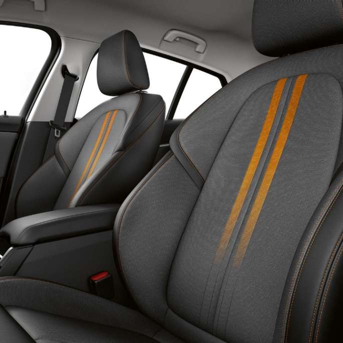 Sports seats for driver and front passenger. BMW 1 Series Model Sport Line, interior with sports seats for driver and front passenger.