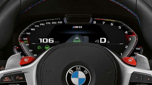 M specific instrument cluster. M specific instrument cluster of the BMW M8 Competition Coupé.