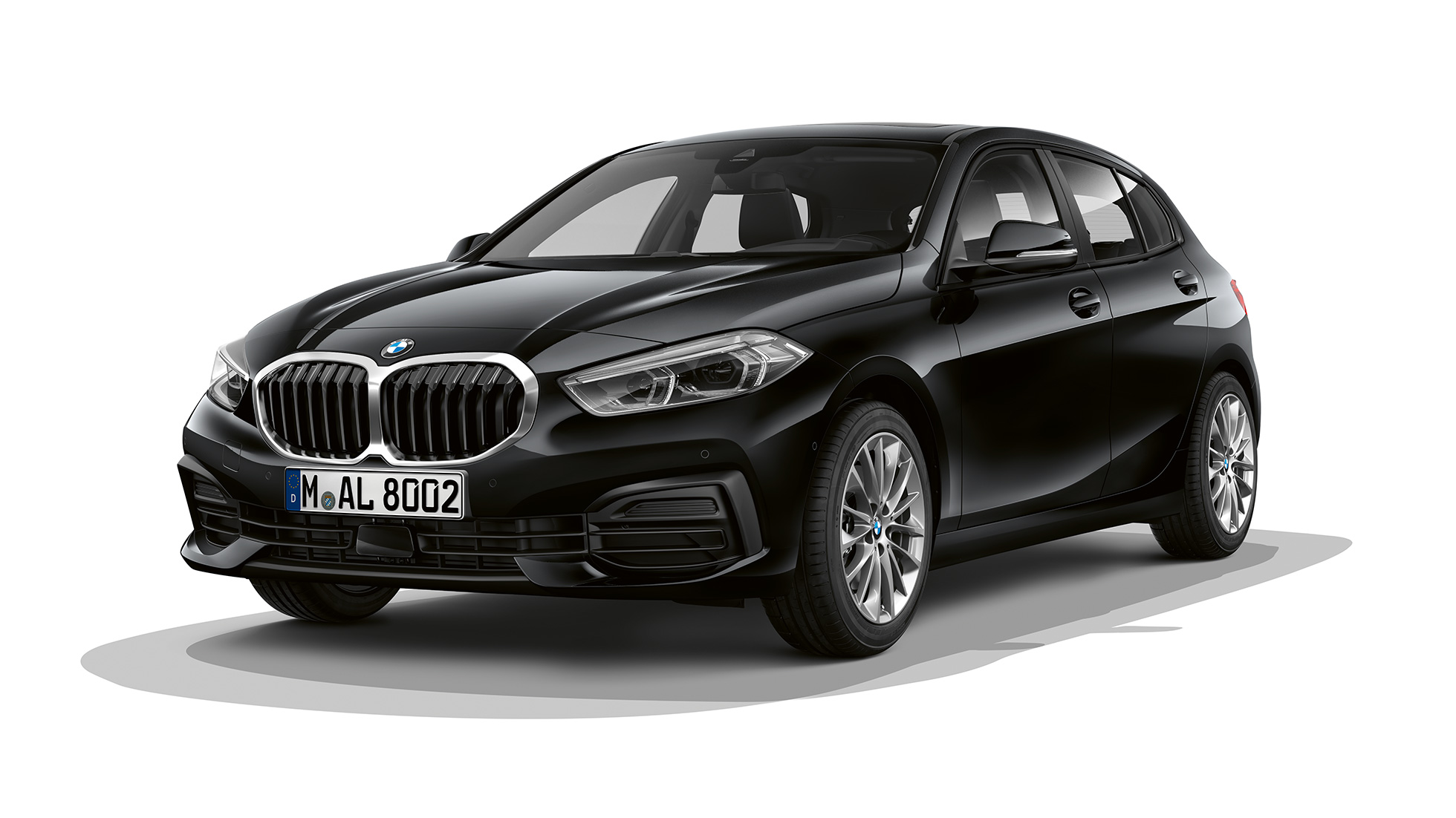 BMW 1 Series Model Advantage, three-quarter front. BMW 1 Series Model Advantage in Black, studio shot three-quarter front.