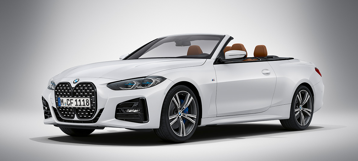BMW Individual Brilliant White metallic BMW 4 Series Convertible G23 2020 BMW 4 Series Convertible Individual Brilliant White metallic G23 2020 three-quarter front view standing