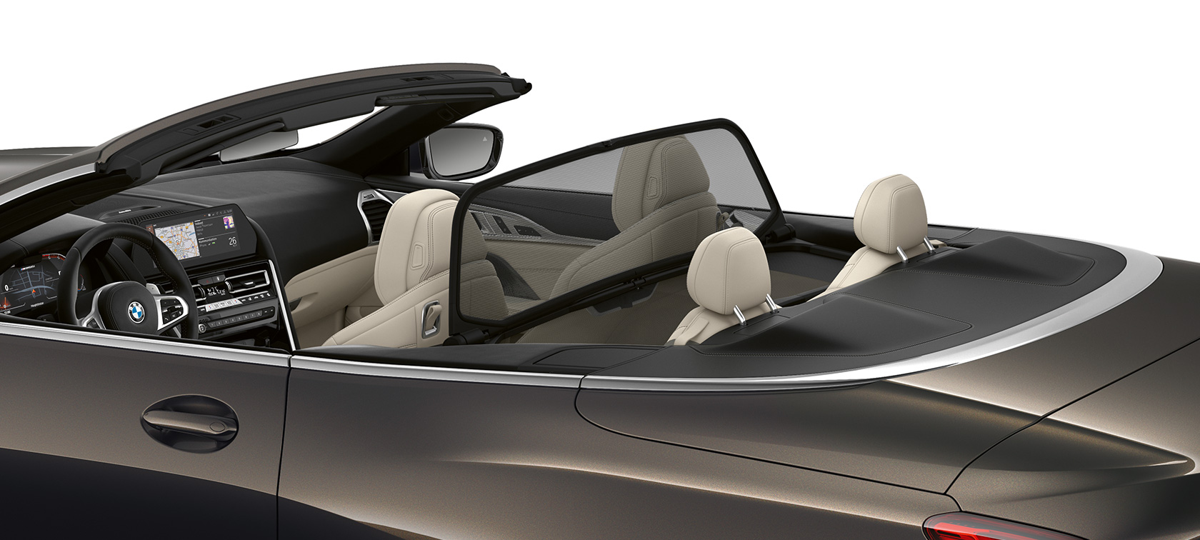 BMW M850i xDrive Dravit Grey metallic, side view with soft top open. BMW M850i xDrive Dravit Grey metallic, side view with soft top open.