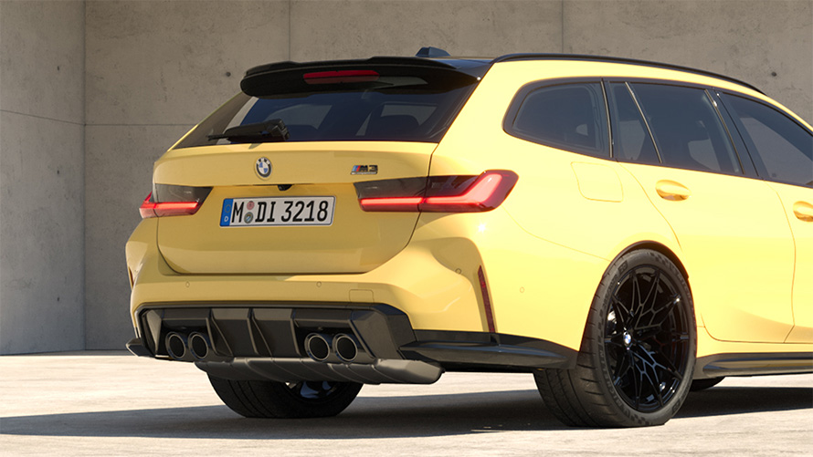 BMW M3 Competition M xDrive Touring G81 2022 BMW Individual Dakar Yellow three-quarter rear view standing in section